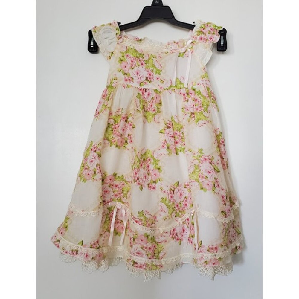 Biscotti Baby Lightweight Cotton Cream Pink Floral Dress Lace Trim Slip Size 2T - Picture 3 of 9